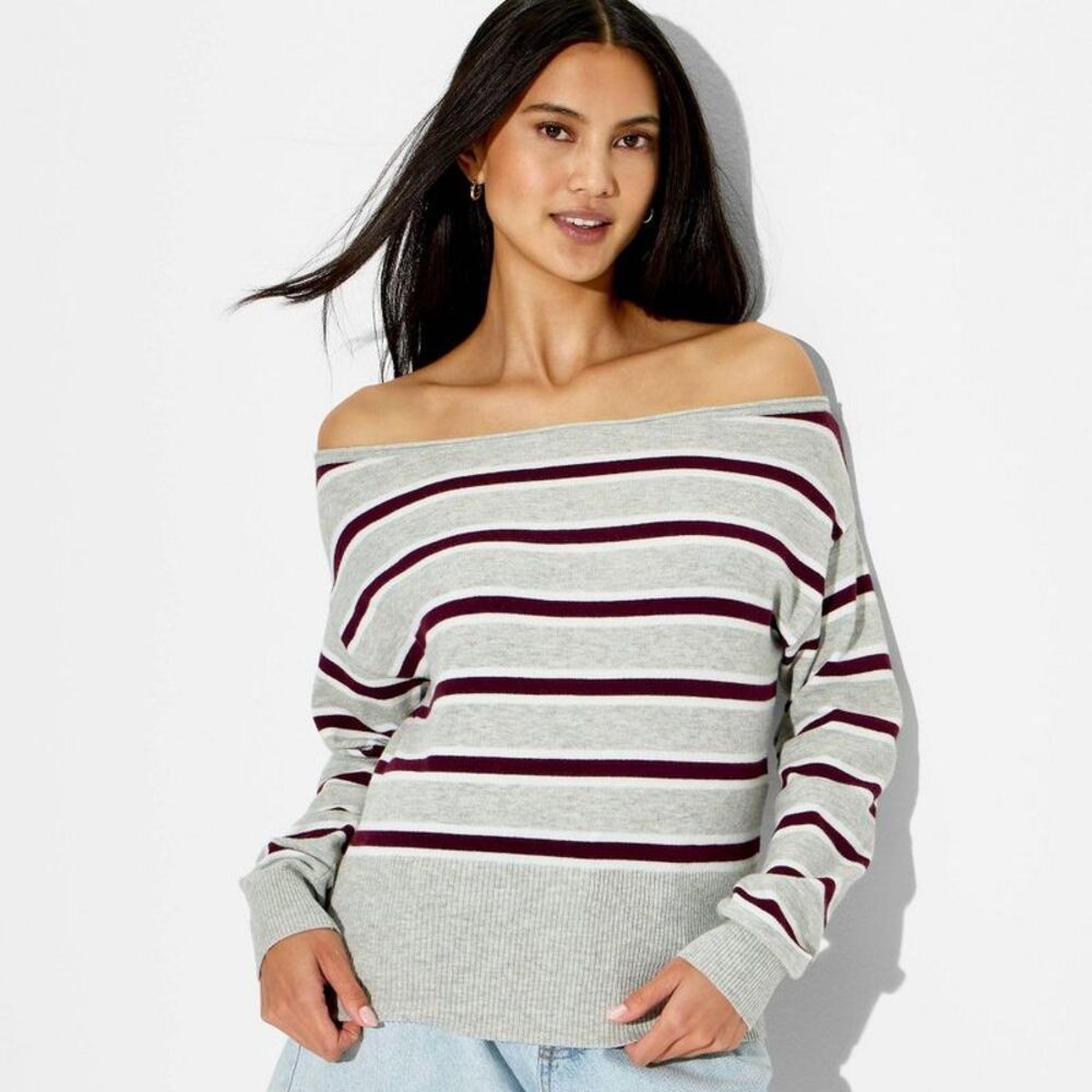 Women's Off the Shoulder Banded Pullover Sweater - Wild Fable Gray Striped S
